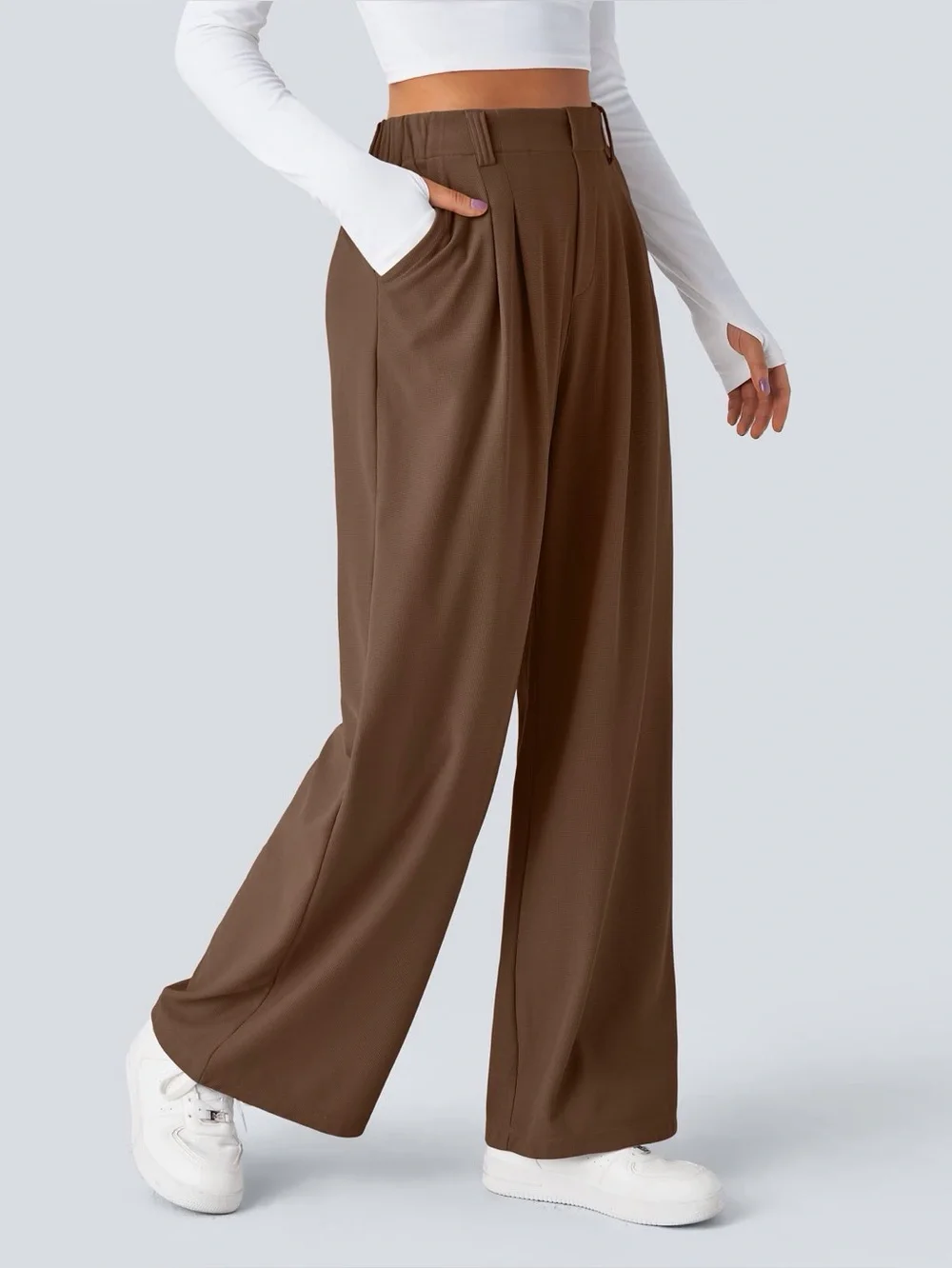 Halara Waffle High-Waisted Wide Leg Pants - Brown - Picture 1 of 5